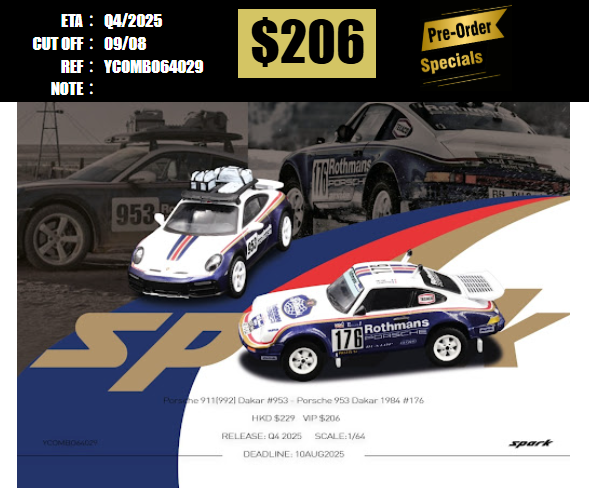 PO-$206 * SPARKY * 1:64 Porsche 911(992) Dakar #953 - Porsche 953 Dakar 1984 #176（Tiny Exclusive ） [OD30/07]