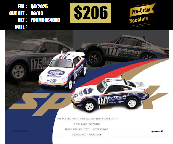 PO-$206 * SPARKY * 1:64 Porsche 953 1984 Paris-Dakar Rally #175 & #177（Tiny Exclusive ） [OD30/07]