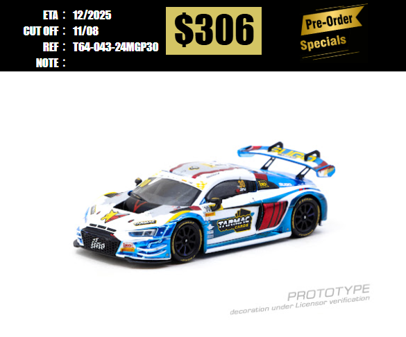 PO-$306 * TARMAC * 1:64 Audi R8 LMS GT3 evo II Macau GT Cup - FIA GT World Cup 2024 Uno Racing James Yu Model Car + Trading Cards Combo Set [OD30/07]