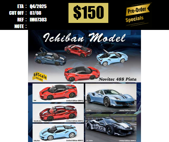PO-$150 * ICHIBAN MODEL * 1:64 FERRARI 488 NOVITEC ICE BLUE [OD30/07]