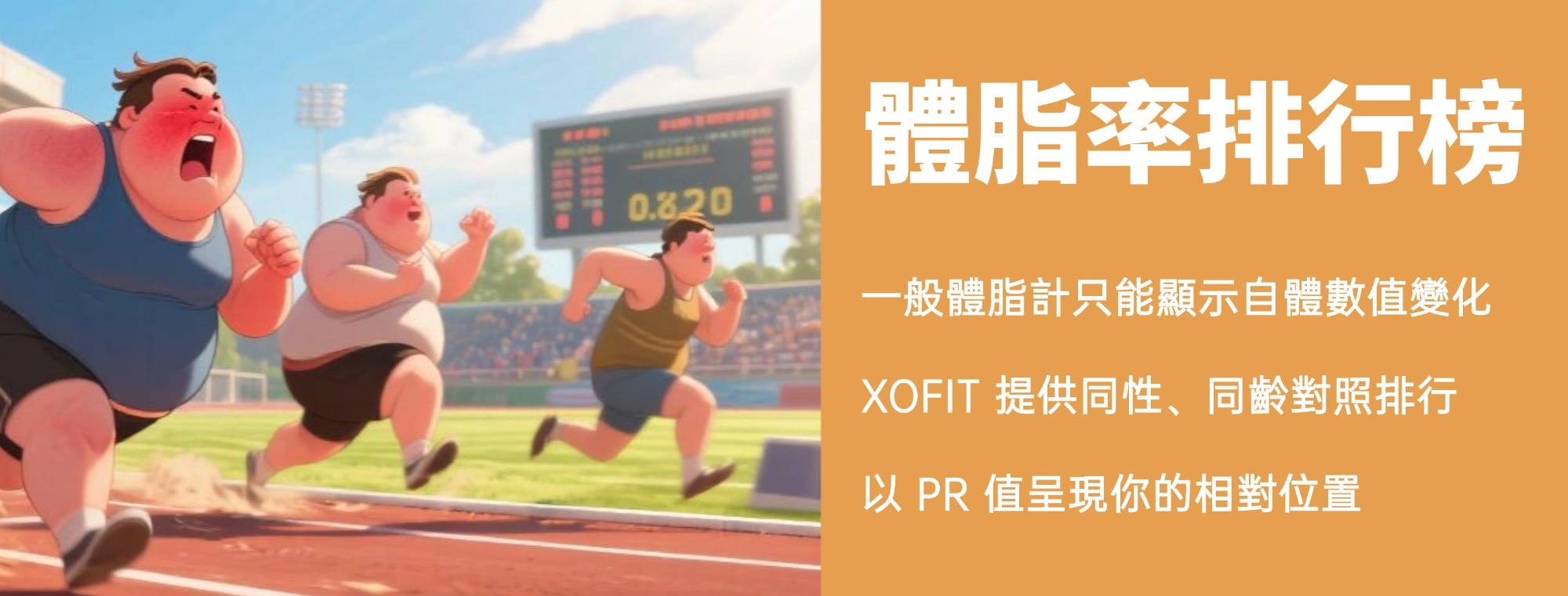體脂率排行榜，一般體脂計只能顯示自體數值變化，XOFIT 提供同性、同齡對照排行，你，不再是一個人苦苦煎熬。