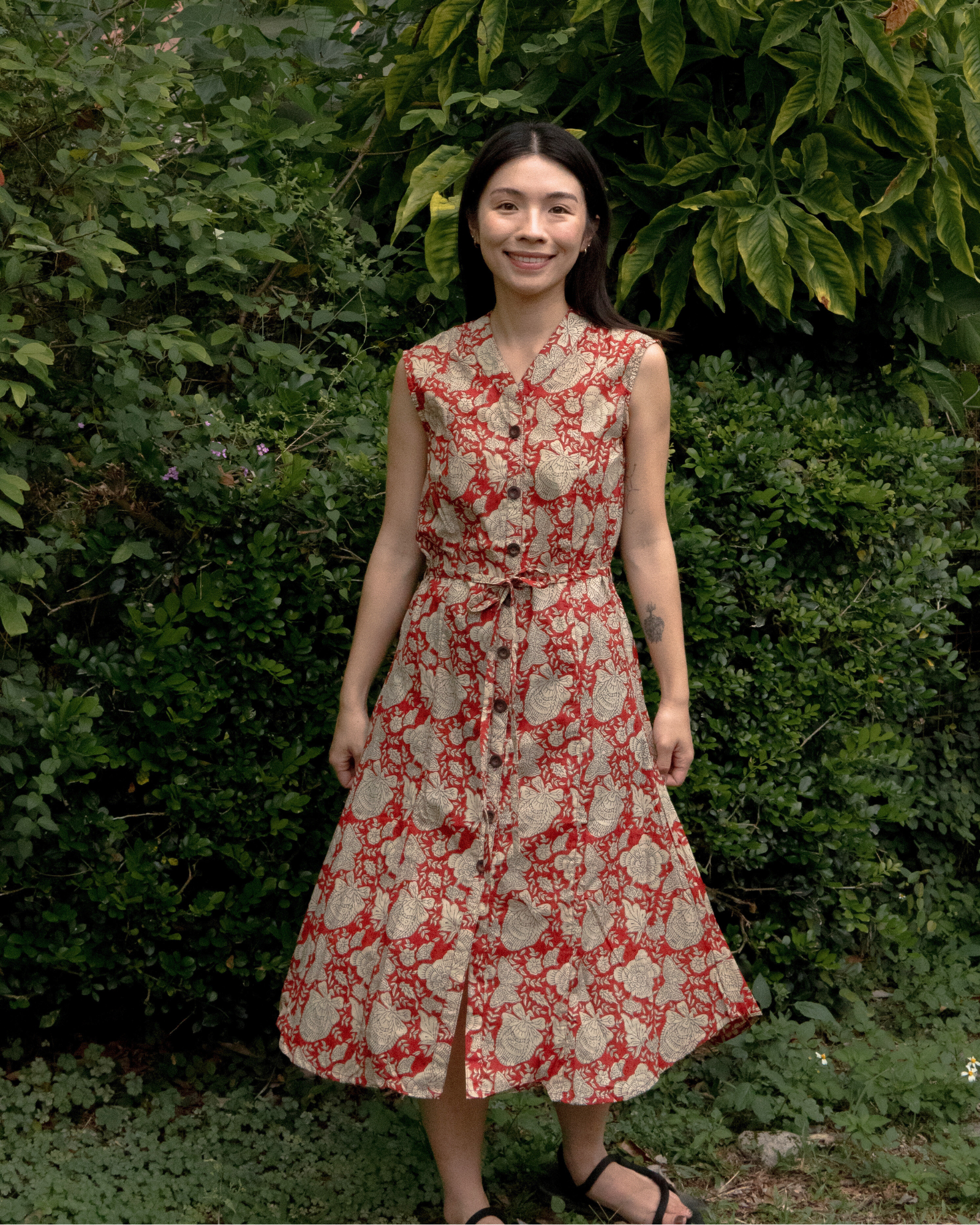 印度蓋染工藝親膚純棉 洋裝 - 牡丹花