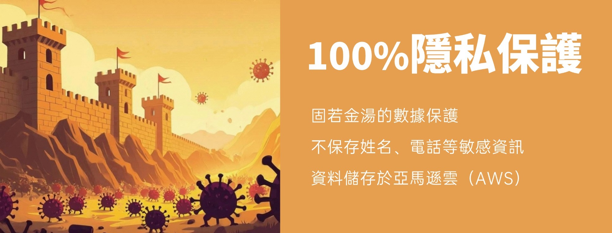 100%隱私保護，固若金湯的數據保護，不保存姓名、電話等敏感資訊，資料儲存於亞馬遜雲（AWS）。