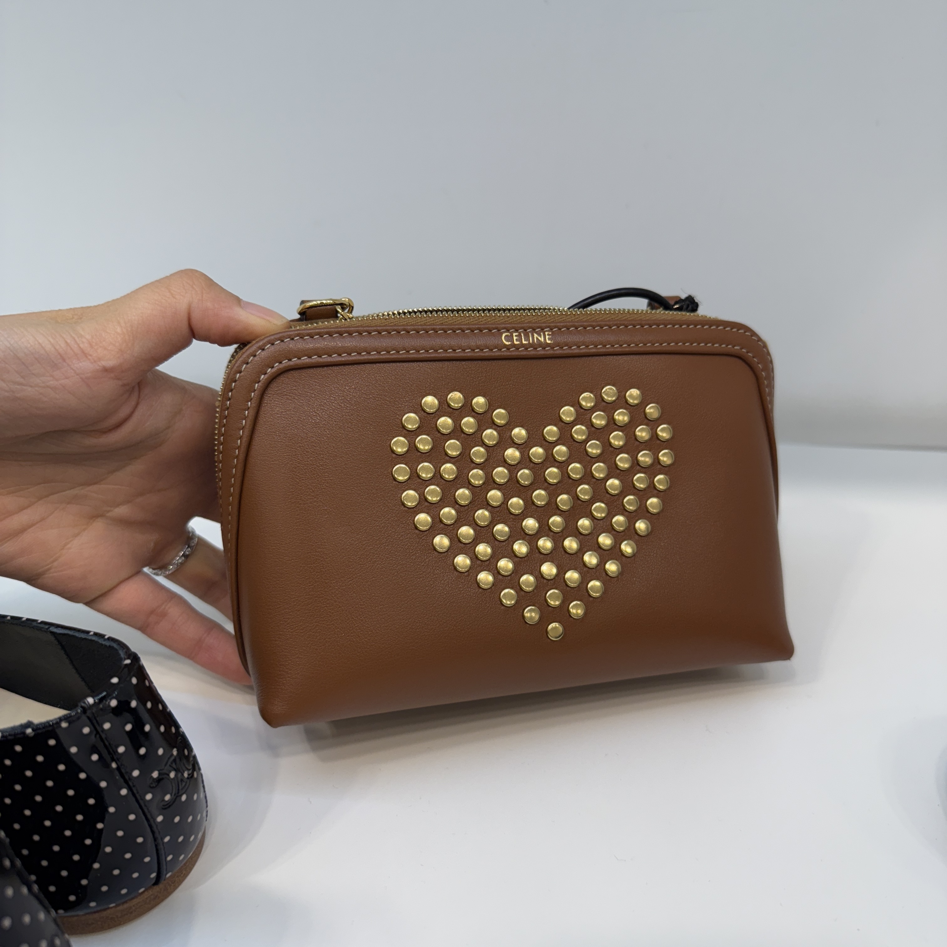 Celine Cuir Calf Heart stud Clutch on chain bag Tan