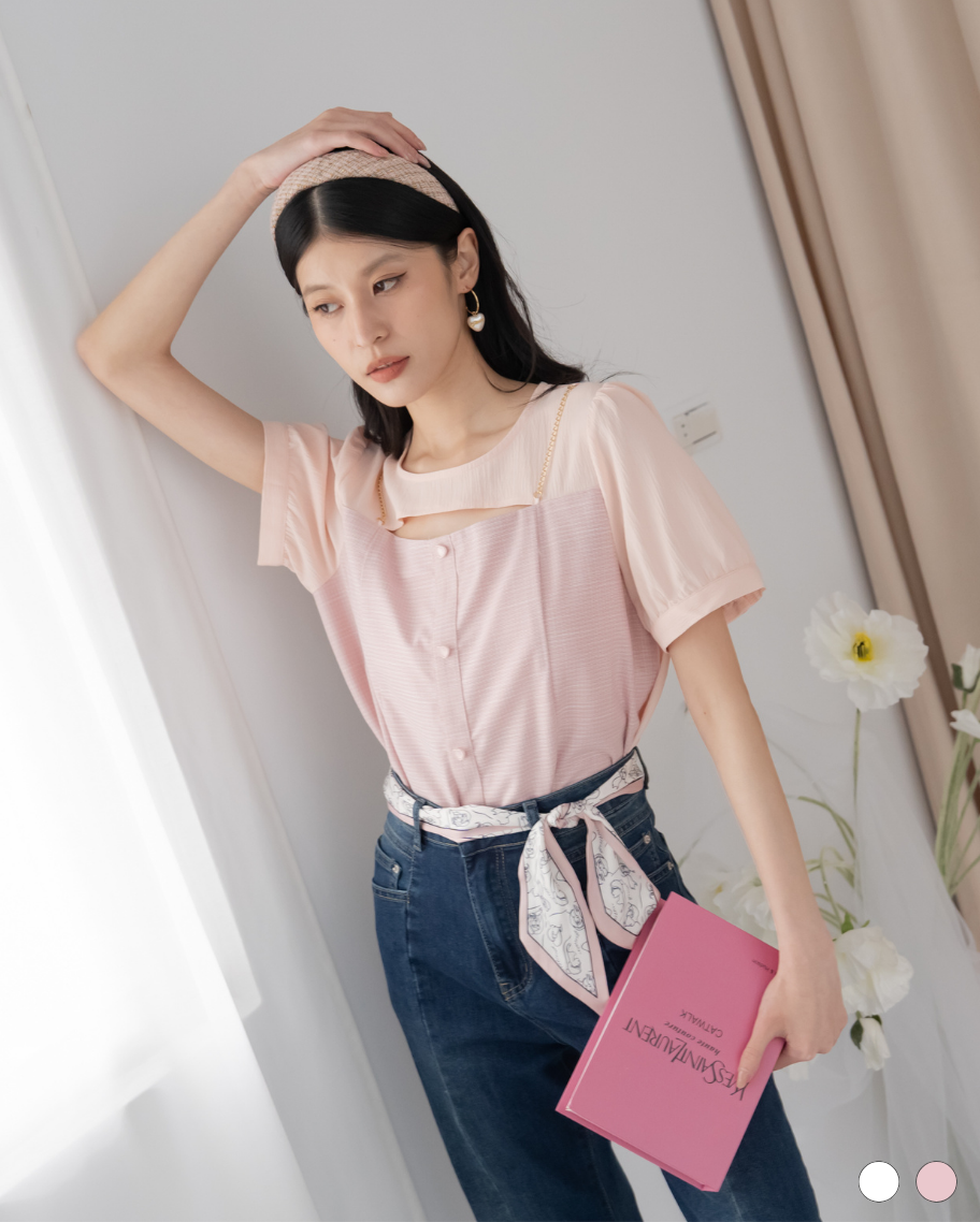 甜感拼接鍊條設計感上衣