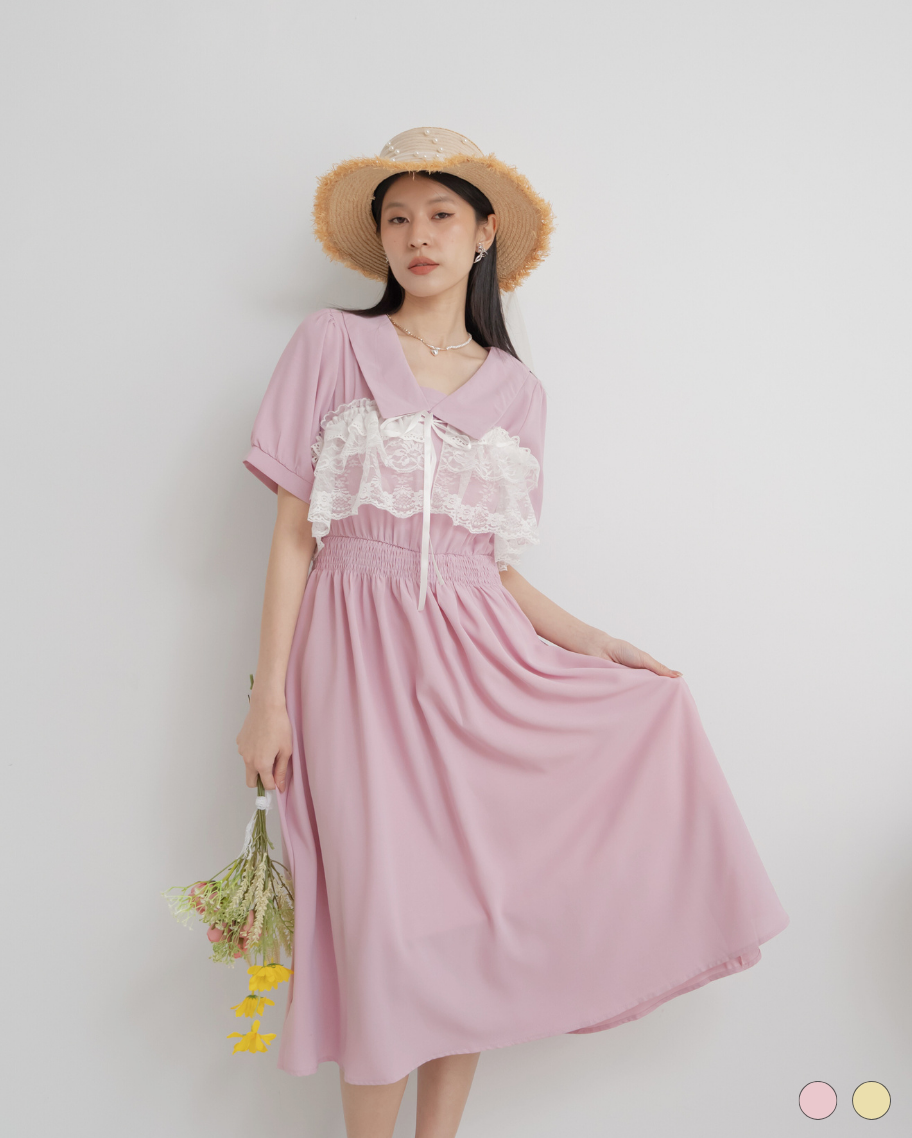 輕甜復古花朵蕾絲連衣裙（出清品不可退換貨）