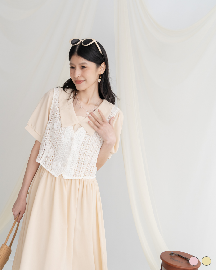 輕甜復古花朵蕾絲連衣裙（出清品不可退換貨）