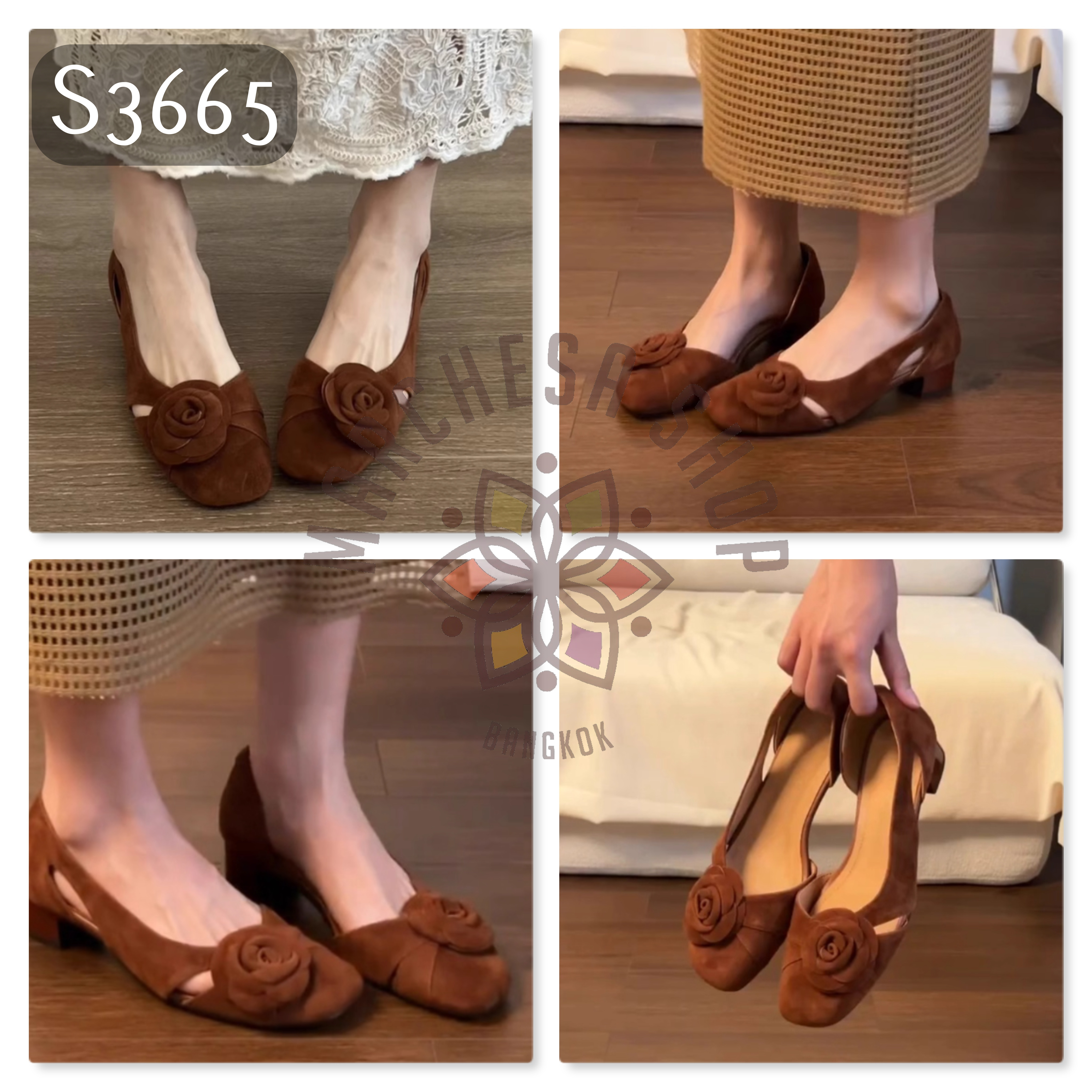 S3665 - 羊猄皮焦糖茶花頭方頭低踭鞋