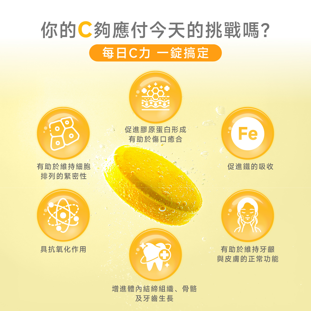 促進膠原蛋白形成.傷口癒合.促進鐵的吸收.維生素C