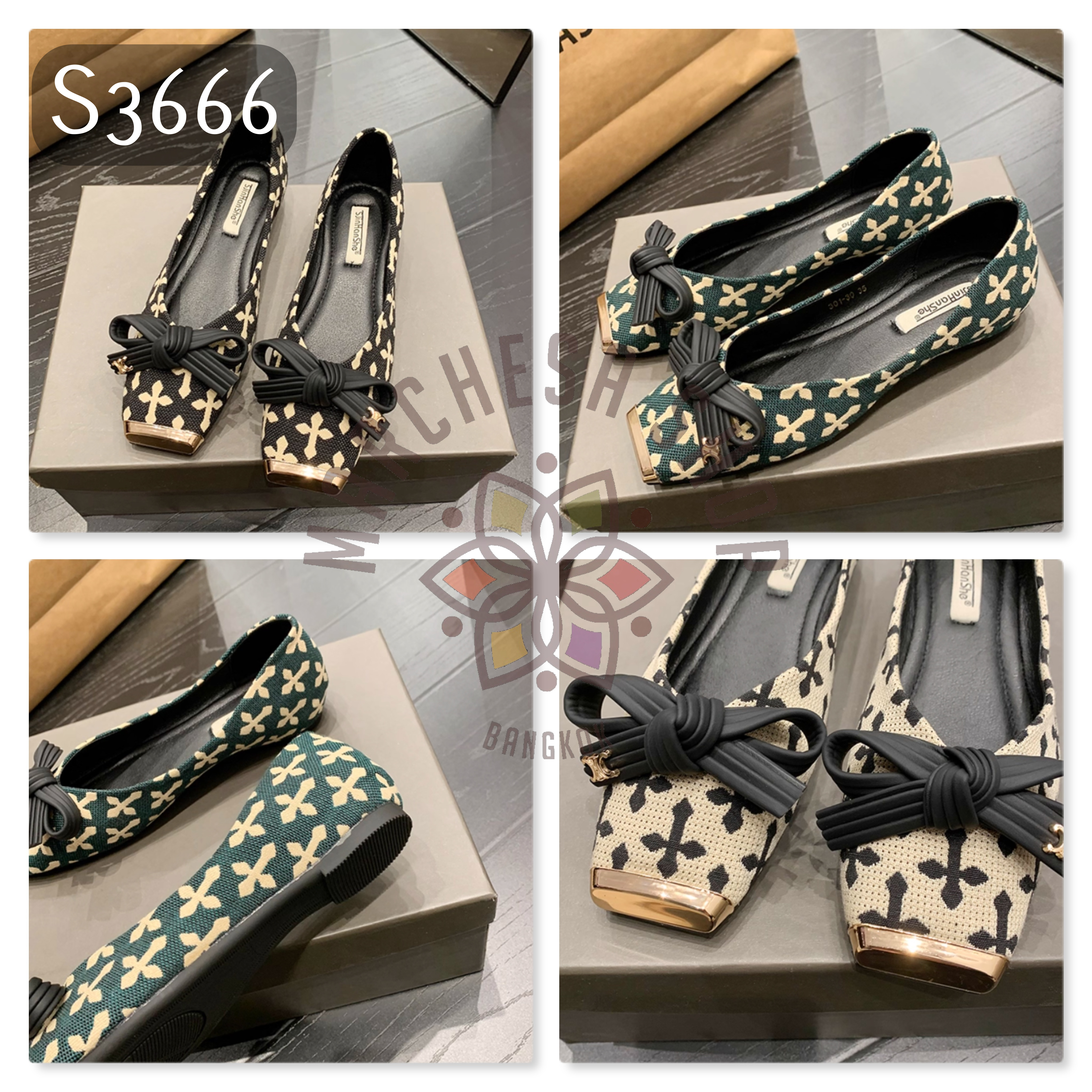 S3666 - 羊皮布面十字花頭方頭平底鞋