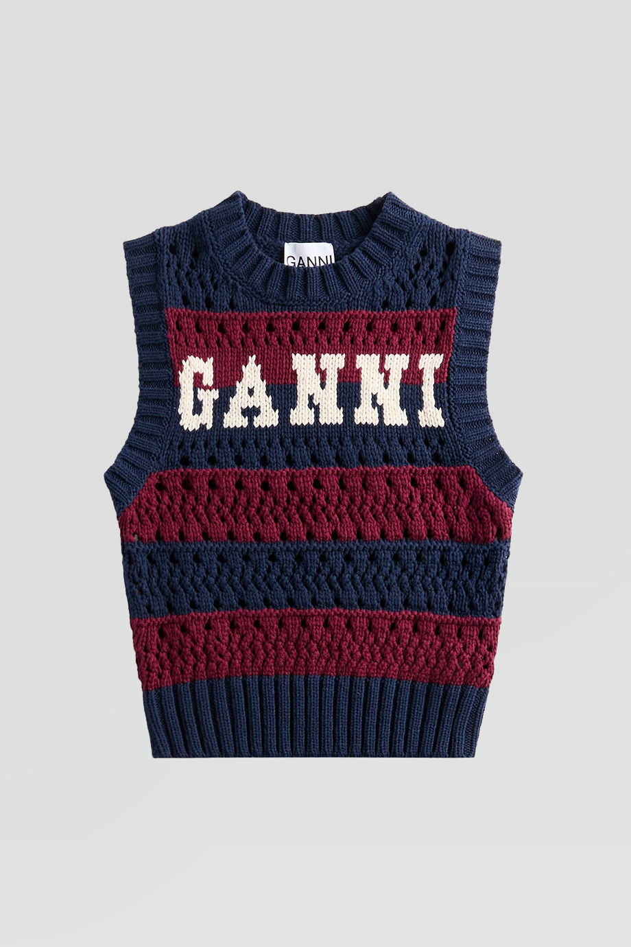 GANNI｜STRIPED 條紋LOGO鏤空鉤織背心