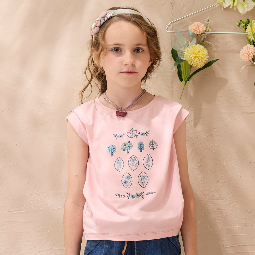 PIPPY森林系靜雅幽香花園刺繡活褶棉質短袖上衣  粉