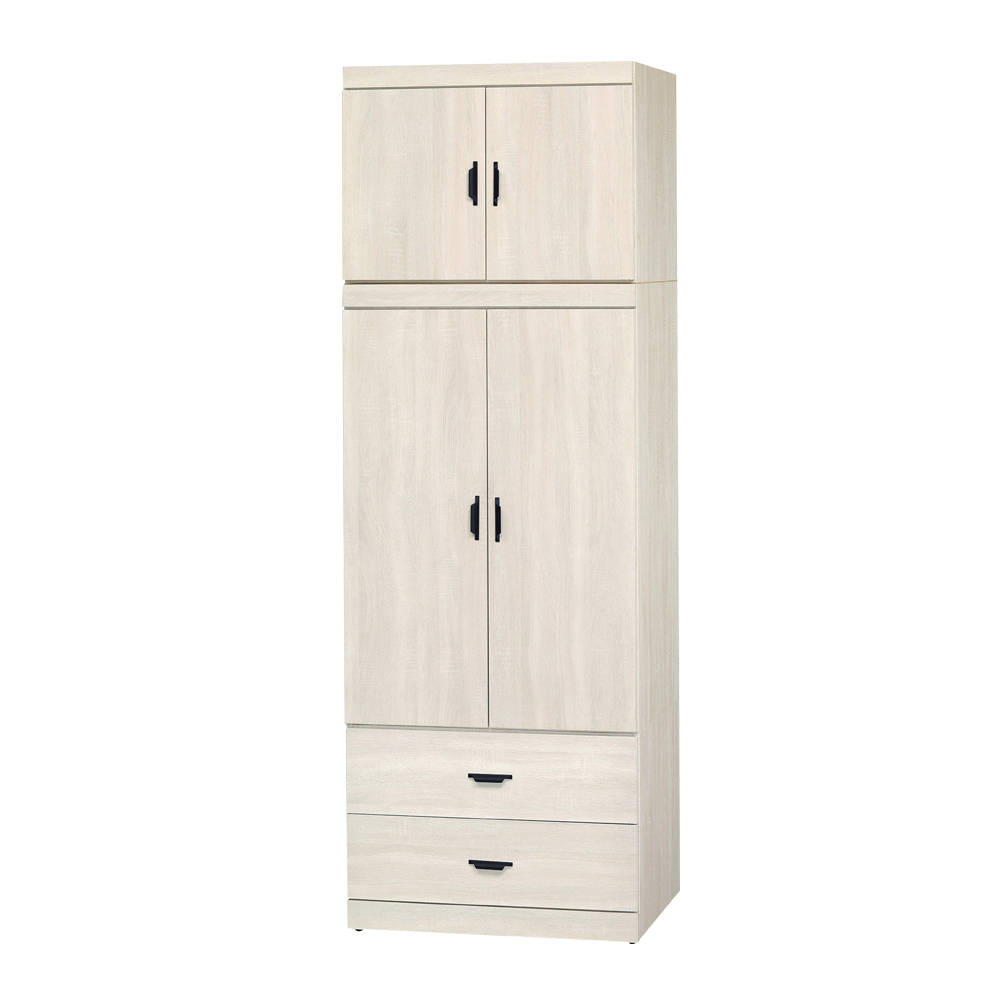 沃尼2.7尺二門二抽加高型衣櫃-洗白色(衣櫃+棉被櫃)