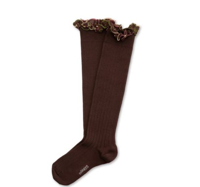 COLLEGIEN 花卉刺繡荷葉邊高筒襪 Eglantine- Chocolat au Lait 巧克力