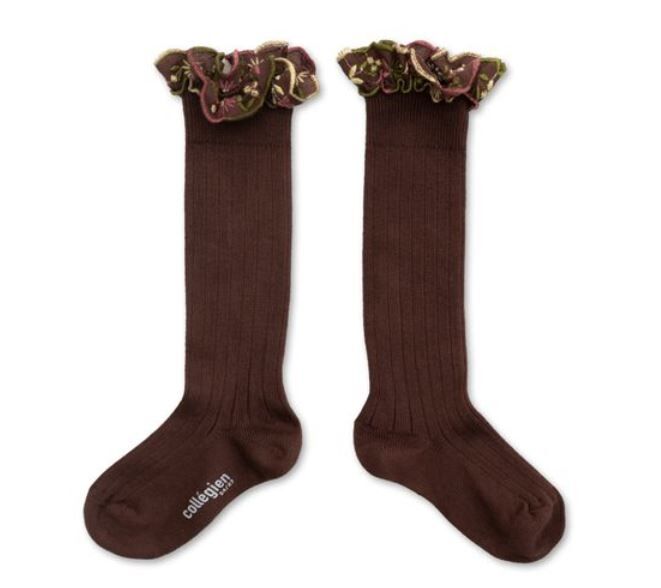 COLLEGIEN 花卉刺繡荷葉邊高筒襪 Eglantine- Chocolat au Lait 巧克力