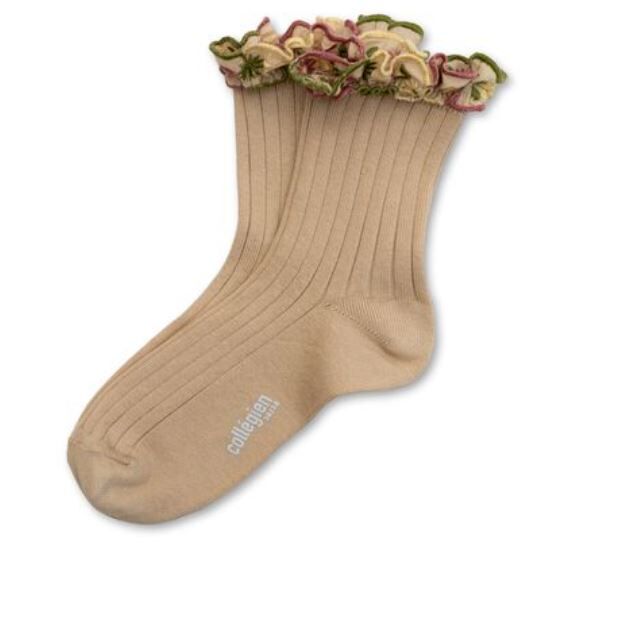 (預購) COLLEGIEN 花卉刺繡荷葉邊低筒襪 Anémone - 280 Sable 沙色