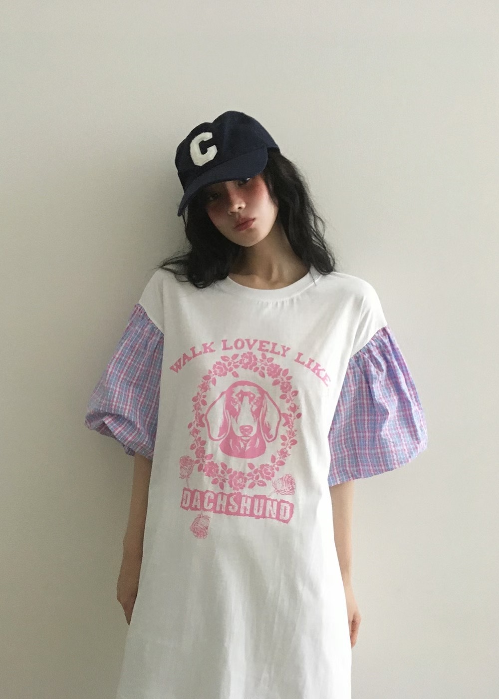 【現貨】NEHA正韓 ♥ 可愛臘腸拼接格紋泡袖長版上衣