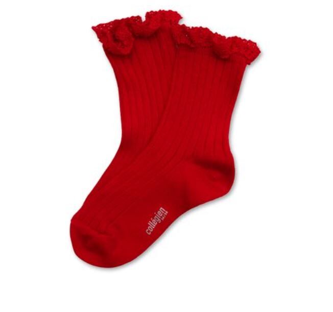 COLLEGIEN 蕾絲邊羅紋短襪Lili - Coquelicot罌粟紅