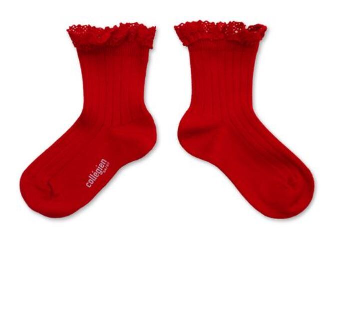 COLLEGIEN 蕾絲邊羅紋短襪Lili - Coquelicot罌粟紅