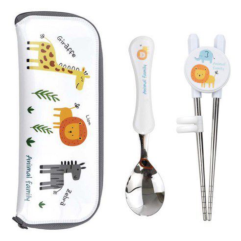 韓國製 不鏽鋼兒童餐具連餐具收納袋-動物