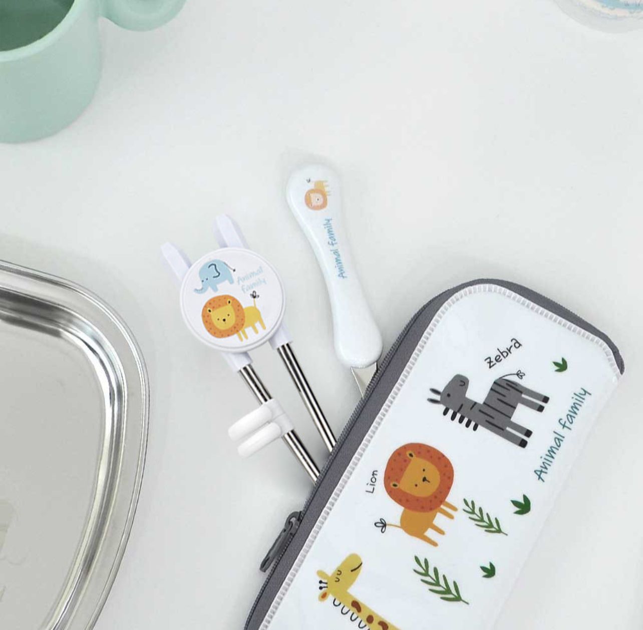韓國製 不鏽鋼兒童餐具連餐具收納袋-動物