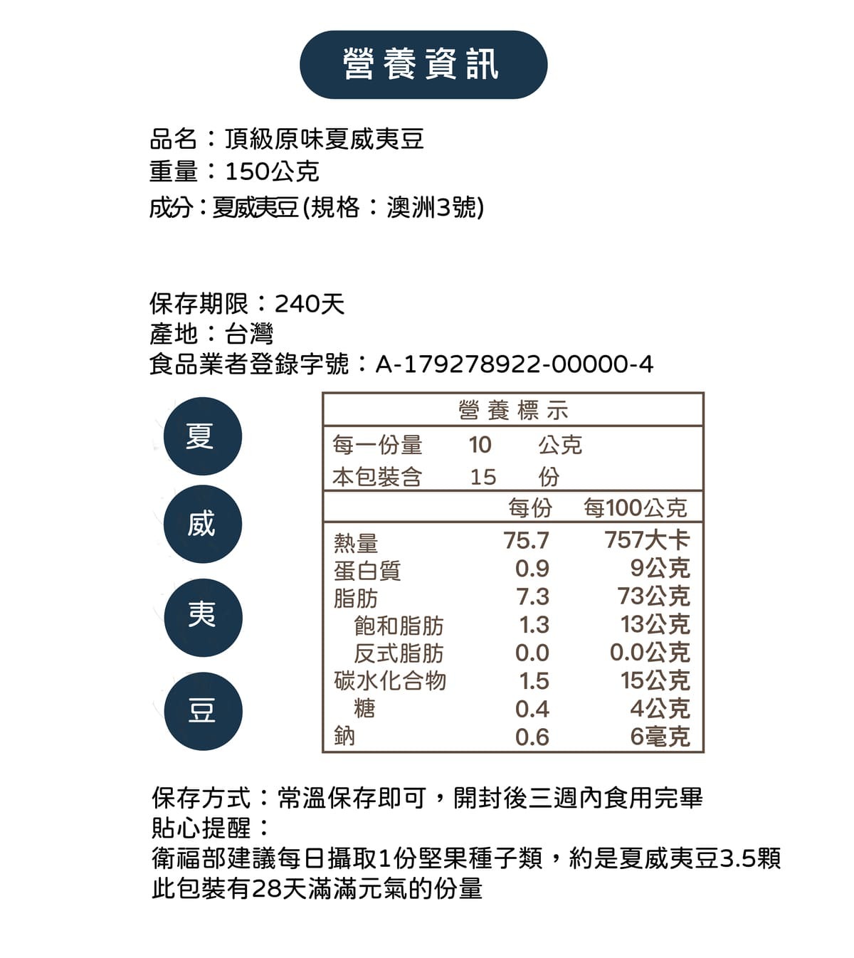 夏威夷豆營養標示