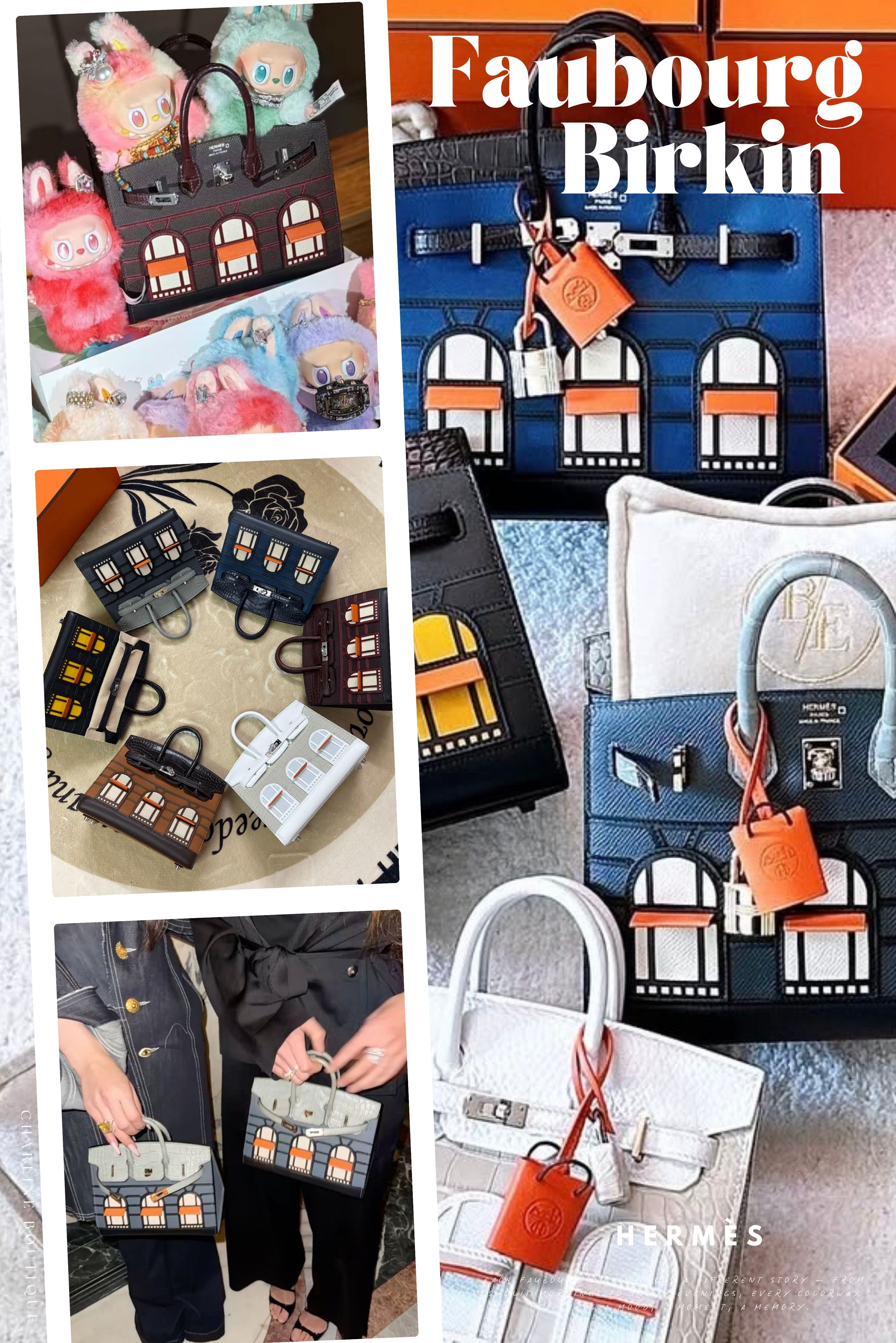 Hermès 的 Faubourg Birkin（柏金包建築系列）是品牌紀念性與藝術性高度融合的代表作，也是現代故事型設計的經典之作。它將品牌位於巴黎 Faubourg Saint-Honoré 24 號的旗艦店，以立體形式濃縮進 20cm 的迷你柏金包中，堪稱能握在手上的建築藝術品。  以下十組常見問答（Q&A），將帶您從設計靈感、配色演進、材質結構、限量特色、收藏價值到入手建議，全方位了解這款堪稱 Hermès 藝術旗艦的夢幻逸品。    Q1：什麼是 Hermès Faubourg Birkin？從2019到2025的六款夢幻建築款式一次看懂  A： Hermès Faubourg Birkin 20 是一款極為稀有的限量版迷你柏金包，首次亮相於 2019 年。它將 Hermès 巴黎總店的建築外觀立體化呈現在包身上，細節包含窗戶、遮陽篷、屋頂瓦片與層次分明的皮革拼接，展現出品牌對工藝與建築美學的極致致敬。    Q2：Faubourg Birkin 的設計靈感來自哪裡？  A： 設計靈感來自 Hermès 巴黎 Faubourg Saint-Honoré 街的歷史總店，也是品牌的象徵地標。包款以高度還原建築外觀的方式設計，是品牌精神的微縮濃縮體，讓每一只包都像是一件可攜帶的建築模型。    Q3：Faubourg Birkin 有哪些版本與推出年份？  A： 截至目前共推出六款主要配色版本：  Day（2019）：象徵日間的金棕色系，搭配 Craie 白窗與橘色遮陽篷。  Night（2019）：深藍與黑色調，營造巴黎夜晚氛圍。  Midnight（2021）：全黑 So Black 系列，窗戶內部以黃色 Swift 模擬室內燈光。  Snow（2021）：以白色 TC 與冰川白鱷魚皮呈現雪景意象。  Rainy Days（2024）：低飽和灰階，靈感來自巴黎細雨。  Sunset Glow（2025）：紅棕、愛馬仕紅與木色構成晚霞景緻，首次採用六個窗戶設計。    Q4：每款配色有什麼設計特色？  A：Day 展現陽光照射下的店鋪立面，使用 Epsom 與 Swift 拼接暖色調皮革；Night 以 PVD 黑五金搭配深藍皮革，對應夜幕巴黎；Sunset Glow 使用馬鞍紅、木色與愛馬仕紅模擬夕陽映照牆面，並首度搭配六扇窗戶，為系列立面創下新篇章。    Q5：Faubourg Birkin 與一般 Birkin 有何不同？  A： 相比傳統 Birkin 的 25cm 以上尺寸，Faubourg Birkin 採用 20cm mini 尺寸，並搭配建築立面設計與 Sellier 線縫結構，屬於藝術性遠高於實用性的系列，更多被視為品牌收藏等級的限量包。    Q6：Faubourg Birkin 使用哪些皮革？工藝有什麼特別之處？  A： 此系列結合多種珍稀與高階皮革，包括：Matte Alligator（霧面鱷魚皮）、Swift、Togo、TC、Sombrero、Madame Calf 等。全包採用 Sellier 線縫製作，拼接細緻，具高挺輪廓與立體感，是技術要求最高的製包形式之一。    Q7：Faubourg Birkin 是限量款嗎？產量有多少？  A： 是的，Faubourg Birkin 屬於 Hermès 極為稀有的限量系列。每款配色皆以極小批次方式生產，僅於特定年份、特定地區發行，且通常僅提供給 VIP 客戶或特殊活動邀請名單。雖然 Hermès 未公布官方產量，但根據拍賣紀錄與市場流通觀察，推估每款配色的全球數量可能落在 100 至 250 顆左右，數量極為稀少，無法透過一般配貨機制取得。    Q8：為何 Faubourg Birkin 被視為 Hermès 藝術代表作？  A： 它不只是包，更像是一座握在手心的建築與品牌精神象徵。融合 Hermès 建築、工藝、歷史、皮革與立體設計語言，成為收藏家眼中的藝術瑰寶。不僅具視覺衝擊力，背後更承載 Hermès 發展軌跡與品牌象徵性，是極具意義的傳奇包款。    Q9：Faubourg Birkin 有收藏價值嗎？能否增值？  A： 擁有極高收藏價值。由於限量、生產難度高與品牌地標性設計，使其在二級市場與拍賣會中屢創高價。部分首發款式（如 Day 與 Night）甚至在拍賣場上突破千萬新台幣成交，是具備文化與金融雙重價值的藝術級包款。    Q10：如何才能入手 Faubourg Birkin？有什麼購買建議？  A： 此系列無法透過一般 Hermès 專櫃直接購買，多數需具備 VIP 身份、長期消費紀錄或參與特別活動。若您有收藏意願，建議透過具信譽的專業精品平台如 Charline Boutique 查詢流通款式、行情價格與真品鑑定，並尋求專人協助入手最理想的版本。