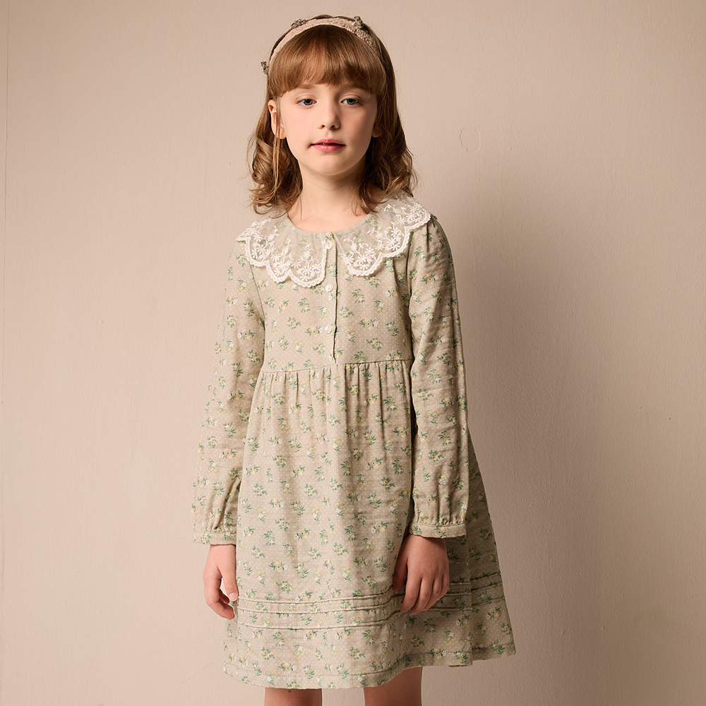 PIPPY 歐風田園印花蕾絲大領片優雅連身裙洋裝 綠