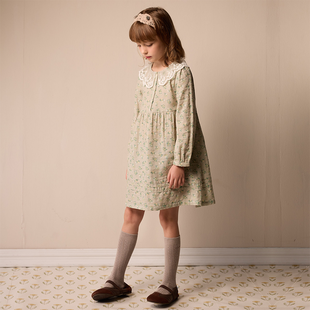 PIPPY 歐風田園印花蕾絲大領片優雅連身裙洋裝 綠