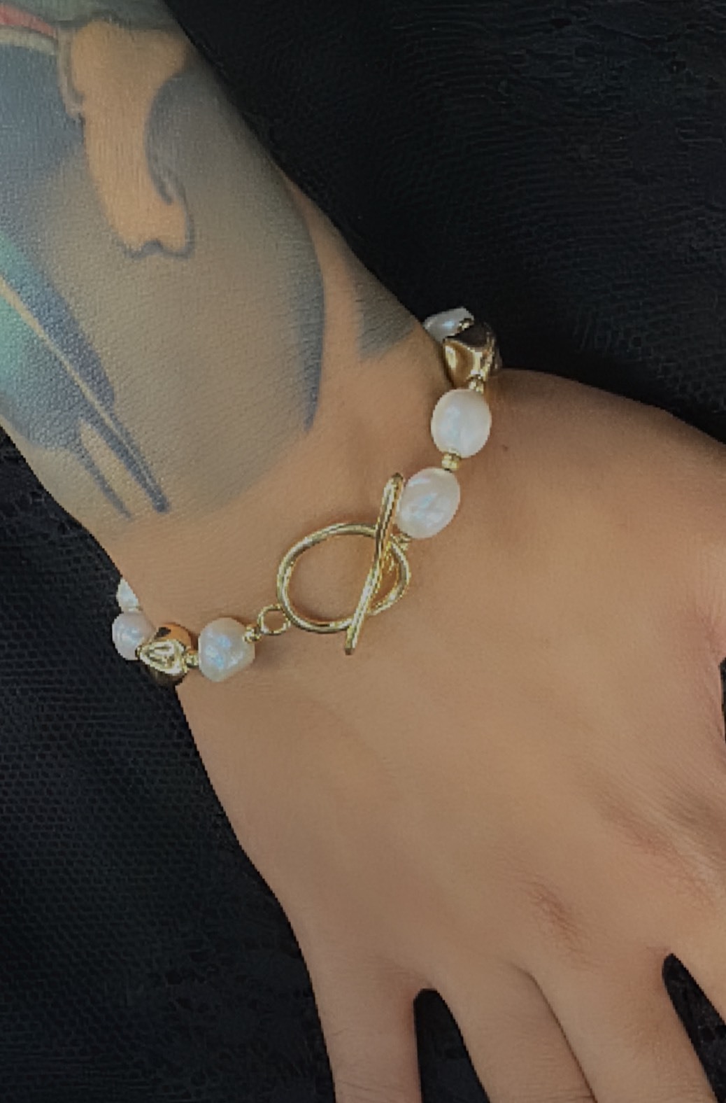 巴洛克不規則天然珍珠＆金屬幾何手鍊