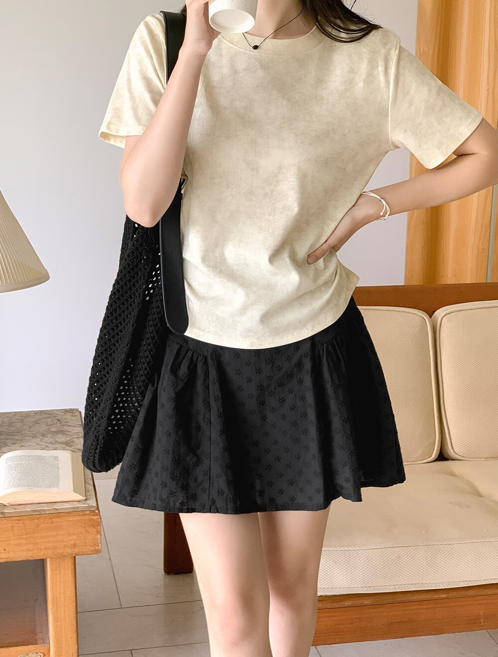 韓國grace muse授權 花卉情調車線感後鬆緊側拉鍊短裙