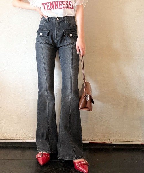 日本🇯🇵連線 Mily Bilet 復古縫線設計牛仔喇叭褲 喇叭褲 牛仔褲 中縫線 翻蓋小口袋 3色(任買兩件711免運)/預購