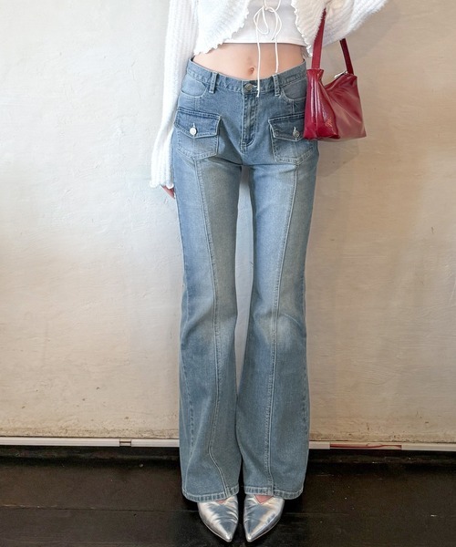 日本🇯🇵連線 Mily Bilet 復古縫線設計牛仔喇叭褲 喇叭褲 牛仔褲 中縫線 翻蓋小口袋 3色(任買兩件711免運)/預購