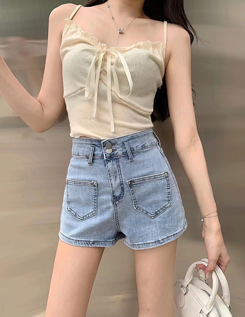 雙釦撞色車線牛仔短褲 3822