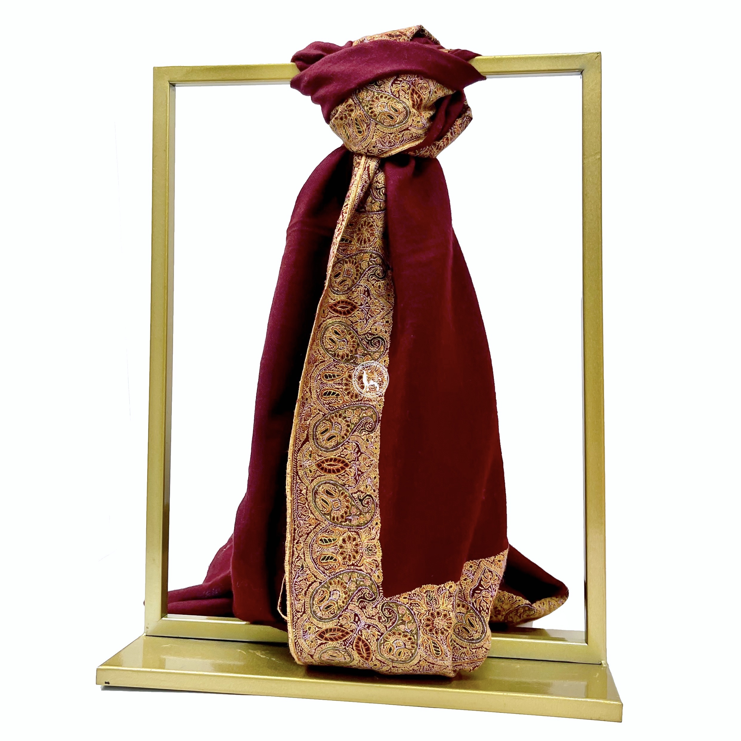 深红喀什米爾邊緣刺繡披肩