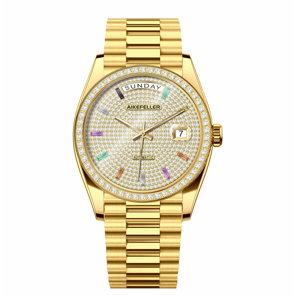 (預購)【AIKEFELLER 艾克菲勒】日誌錶系列 AF2824  限量 錶殼表面黃金 真鑽時標 瑞士機械 不鏽鋼 手錶