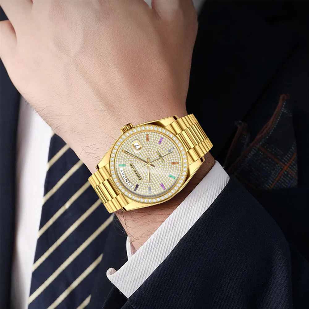 (預購)【AIKEFELLER 艾克菲勒】日誌錶系列 AF2824  限量 錶殼表面黃金 真鑽時標 瑞士機械 不鏽鋼 手錶