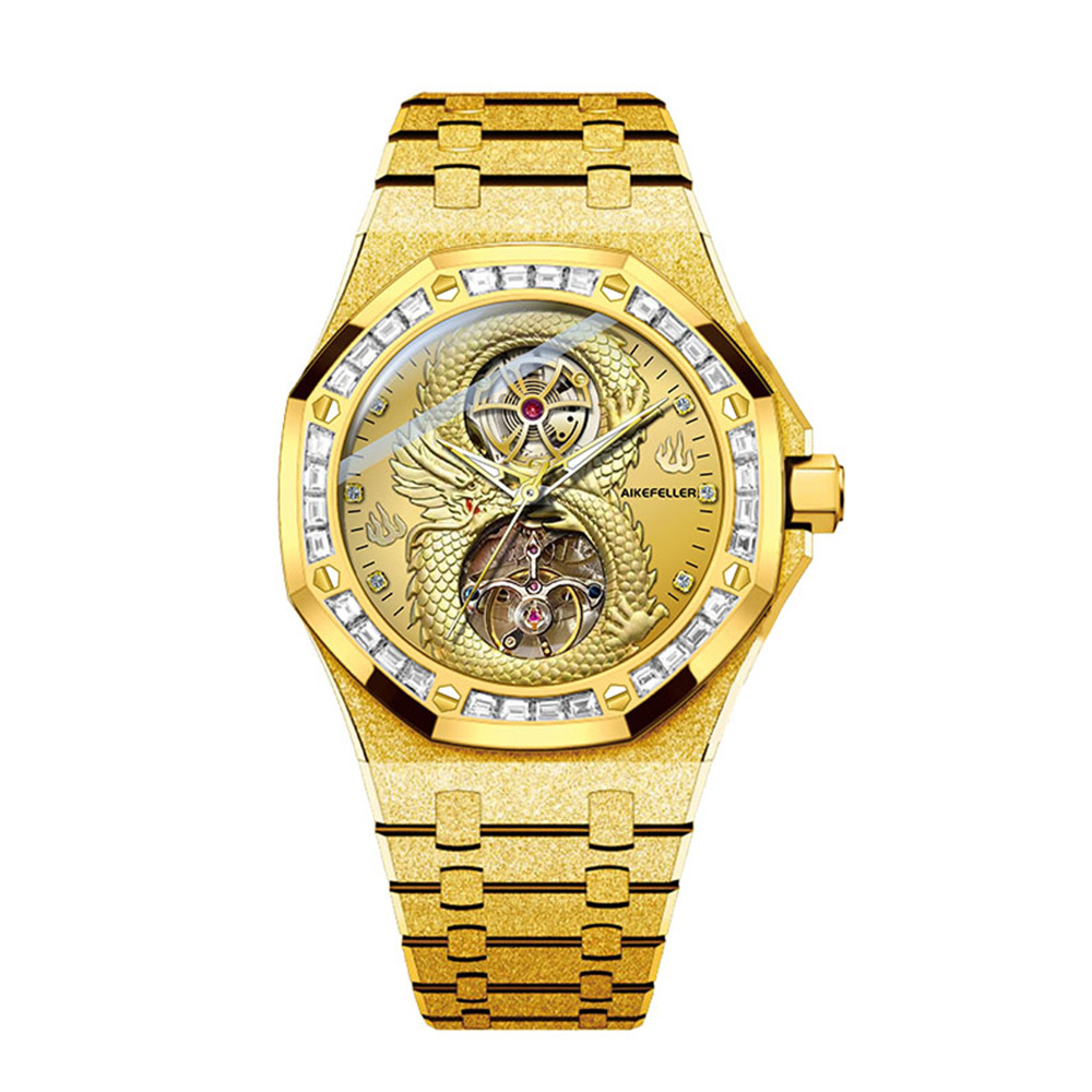 (預購)【AIKEFELLER 艾克菲勒】盤龍系列 AF2826 限量 錶殼表面黃金 真鑽時標 瑞士機械 不鏽鋼 手錶
