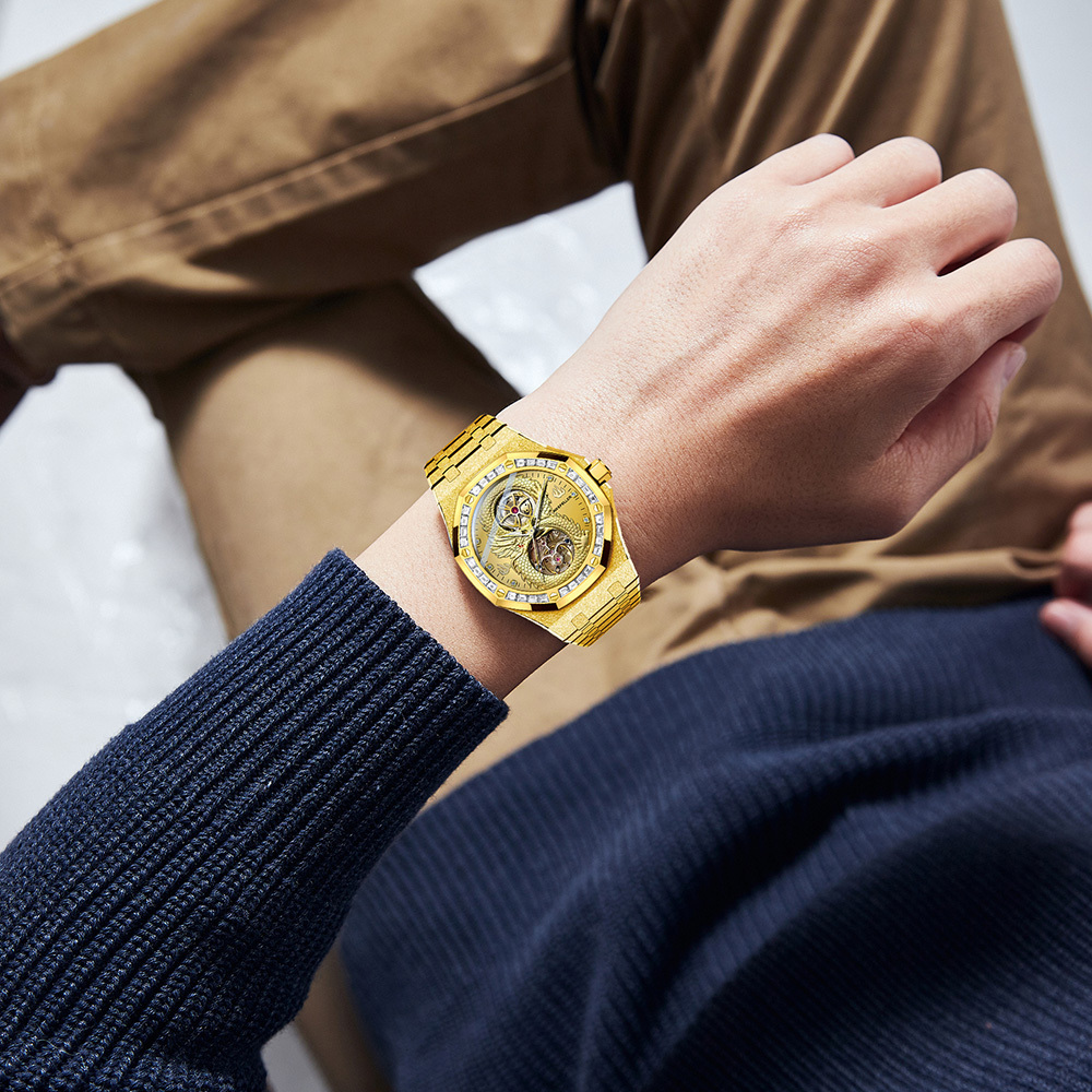 (預購)【AIKEFELLER 艾克菲勒】盤龍系列 AF2826 限量 錶殼表面黃金 真鑽時標 瑞士機械 不鏽鋼 手錶