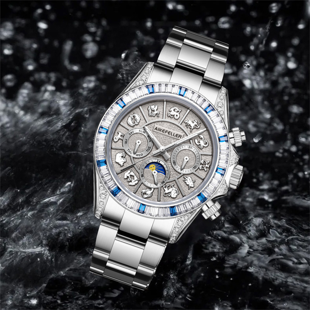 【AIKEFELLER 艾克菲勒】十二星座系列 AF3235 真三眼 限量 錶殼表面黃金 真鑽時標 瑞士機械 不鏽鋼 手錶