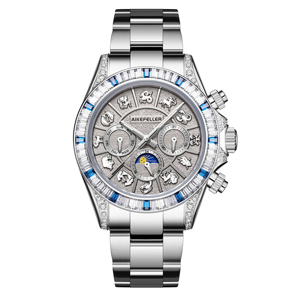 【AIKEFELLER 艾克菲勒】十二星座系列 AF3235 真三眼 限量 錶殼表面黃金 真鑽時標 瑞士機械 不鏽鋼 手錶