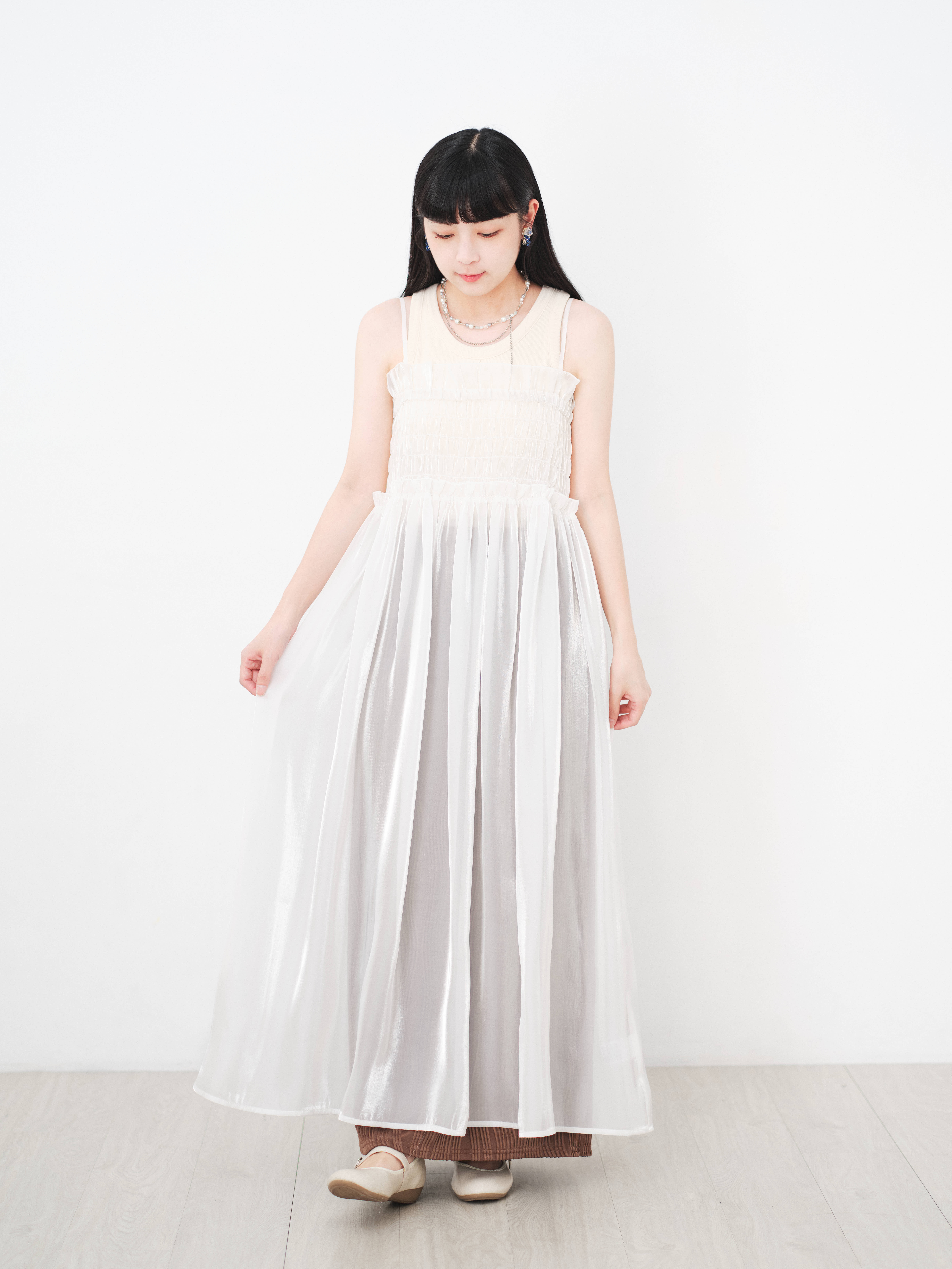 (限量)海浪與波光！歐根紗吊帶裙(三色-純白)