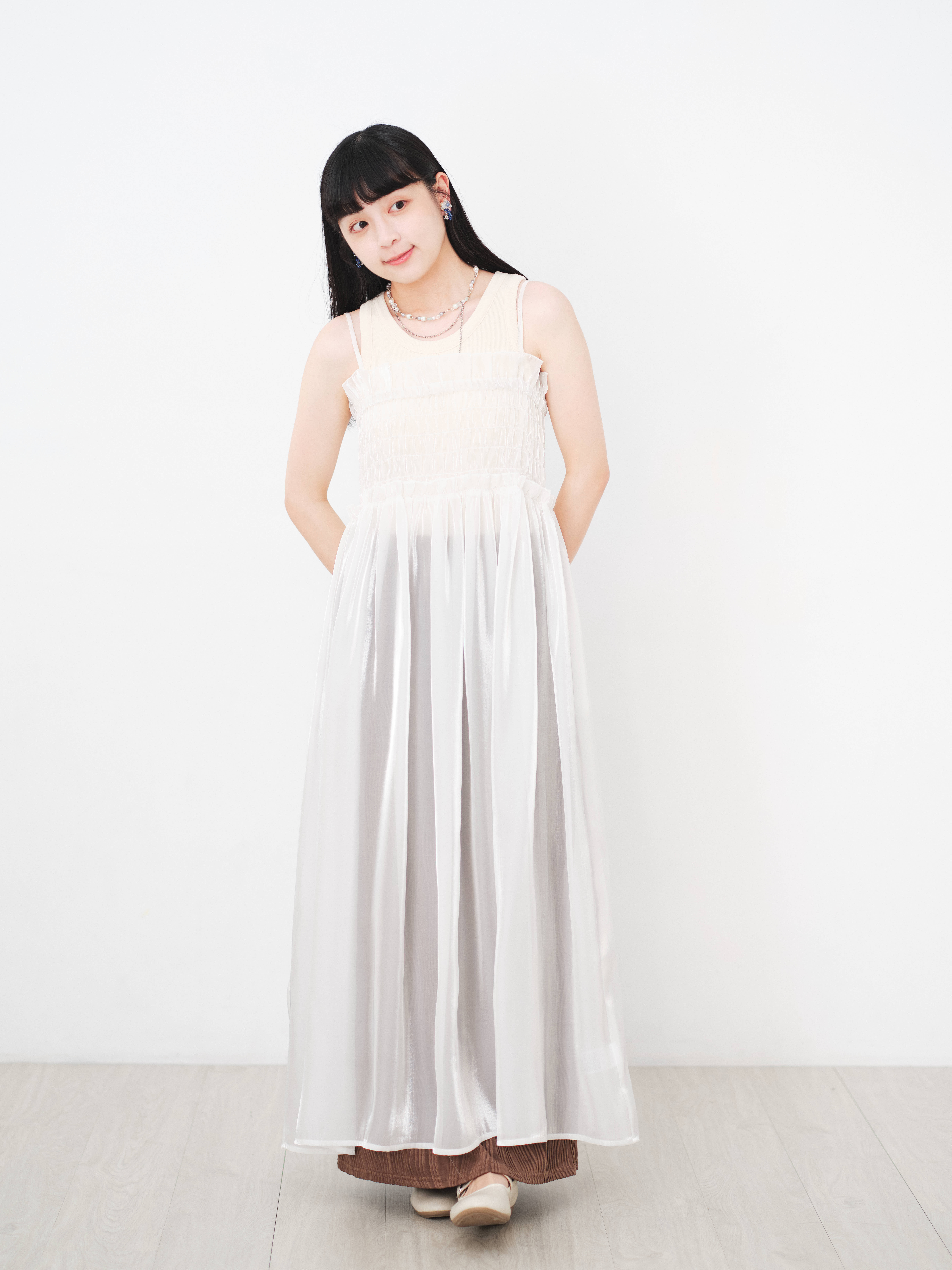 (限量)海浪與波光！歐根紗吊帶裙(三色-純白)