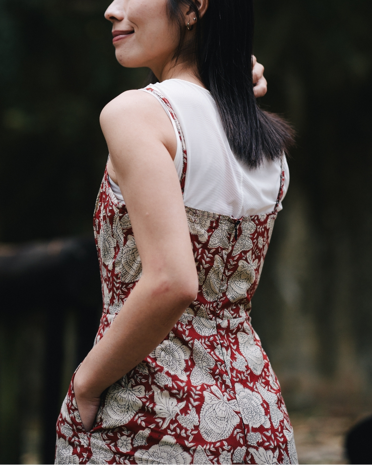 印度蓋染工藝親膚純棉 吊帶褲 - 牡丹花紅