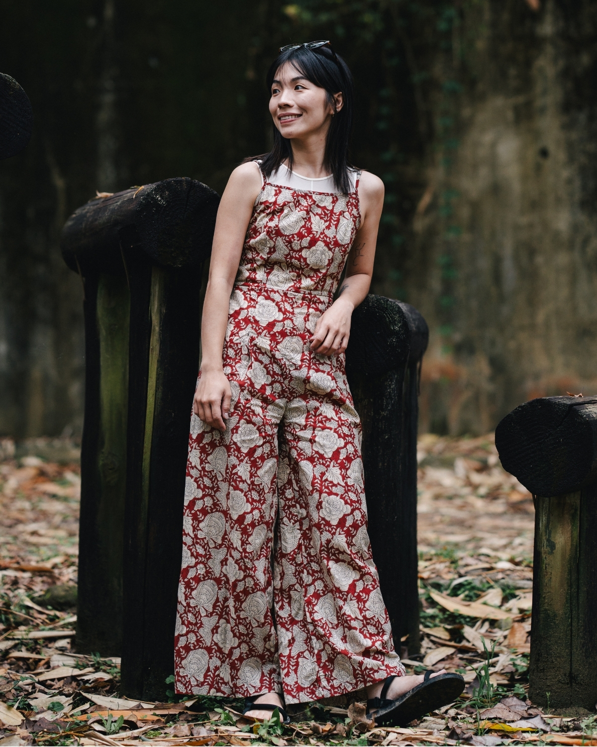 印度蓋染工藝親膚純棉 吊帶褲 - 牡丹花紅