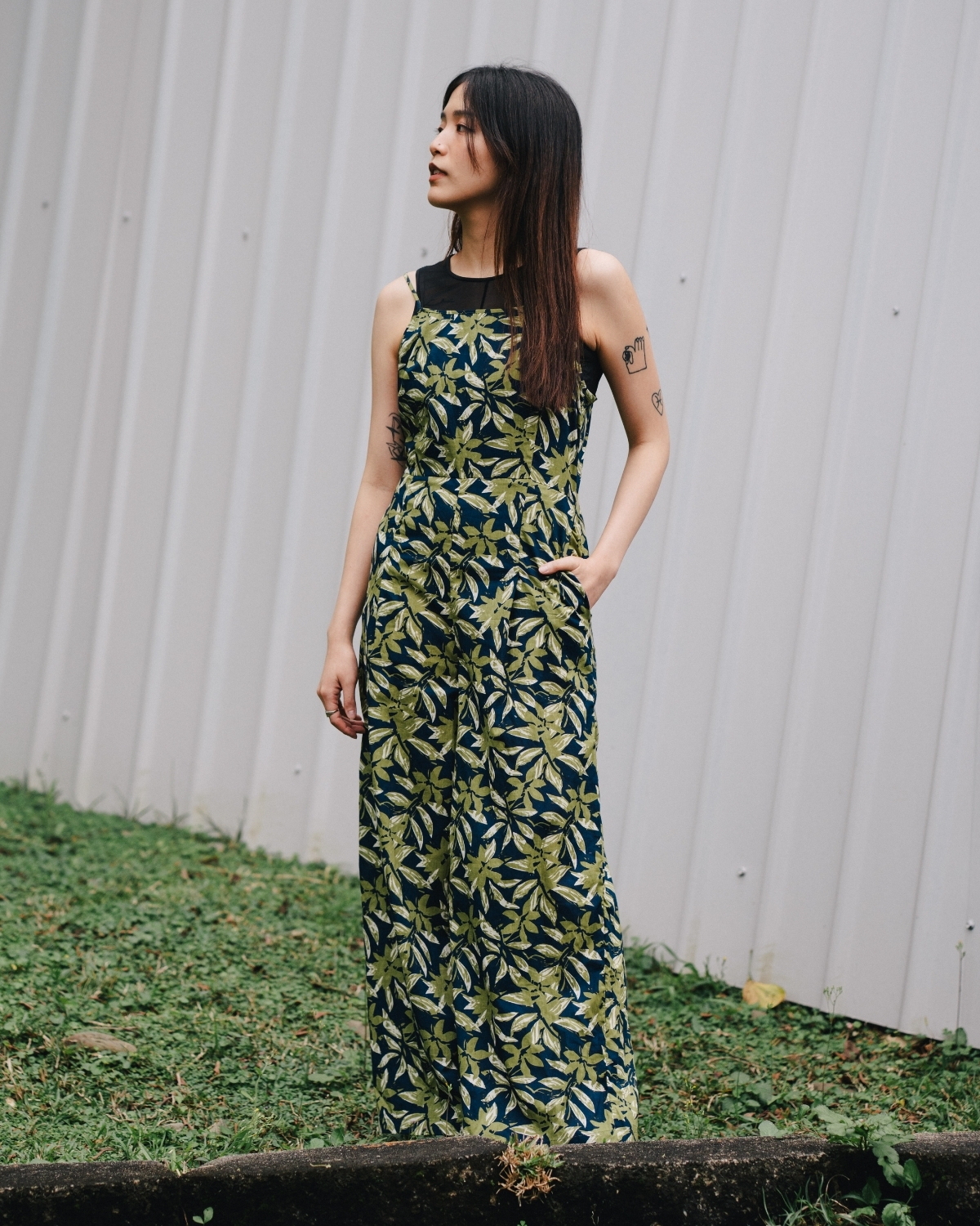 印度蓋染工藝親膚純棉 吊帶褲 - 竹葉藍