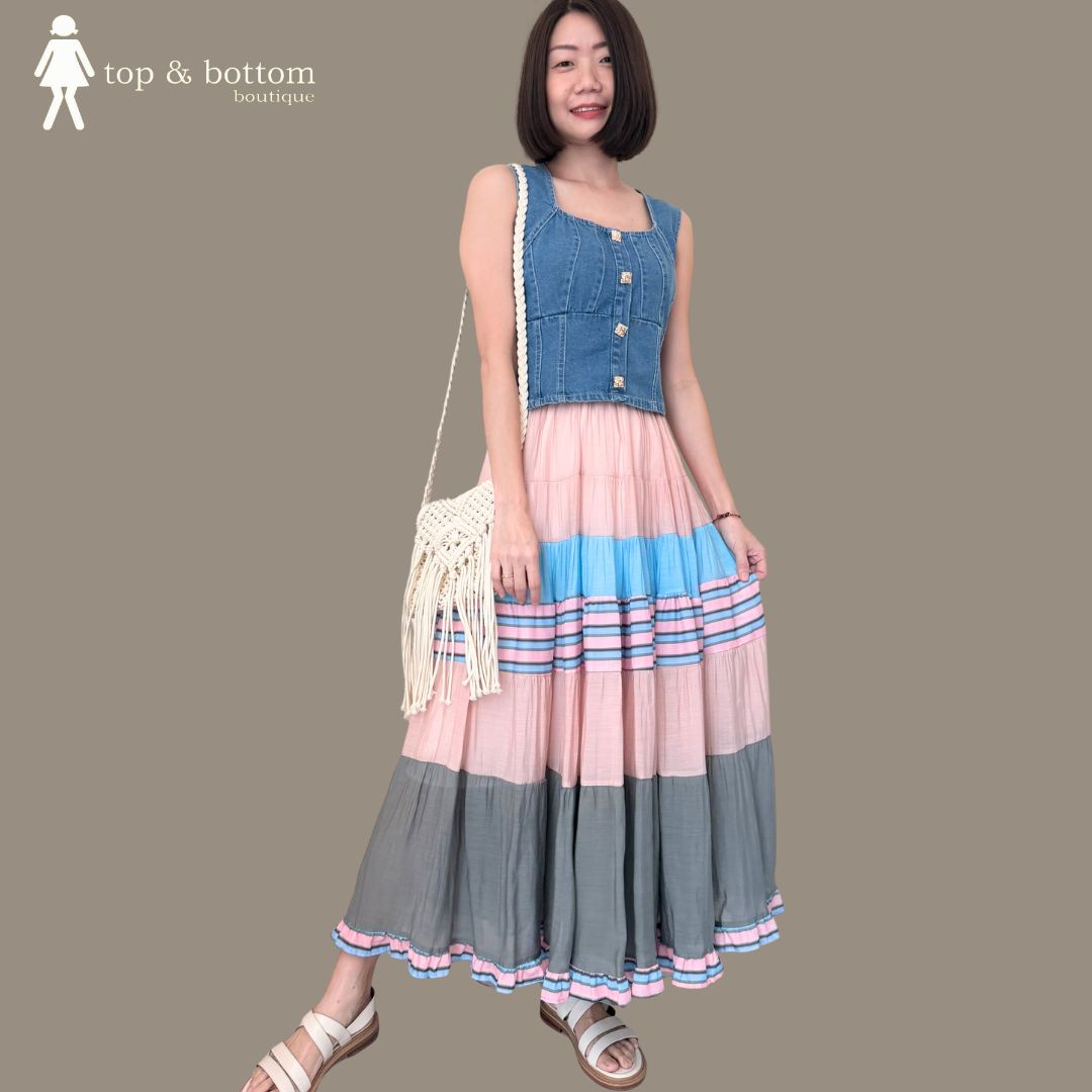 STRAP DENIM CROP BLOUSE WITH GOLD BUTTON