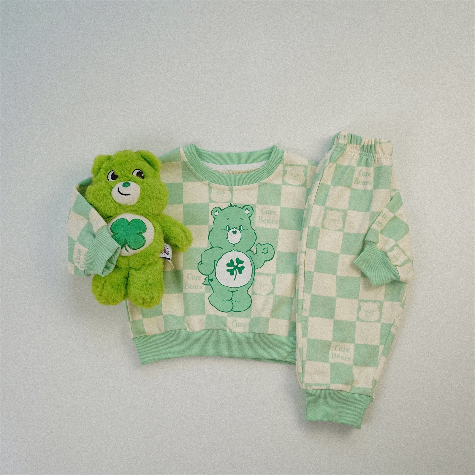 棋盤格熊熊長袖套裝