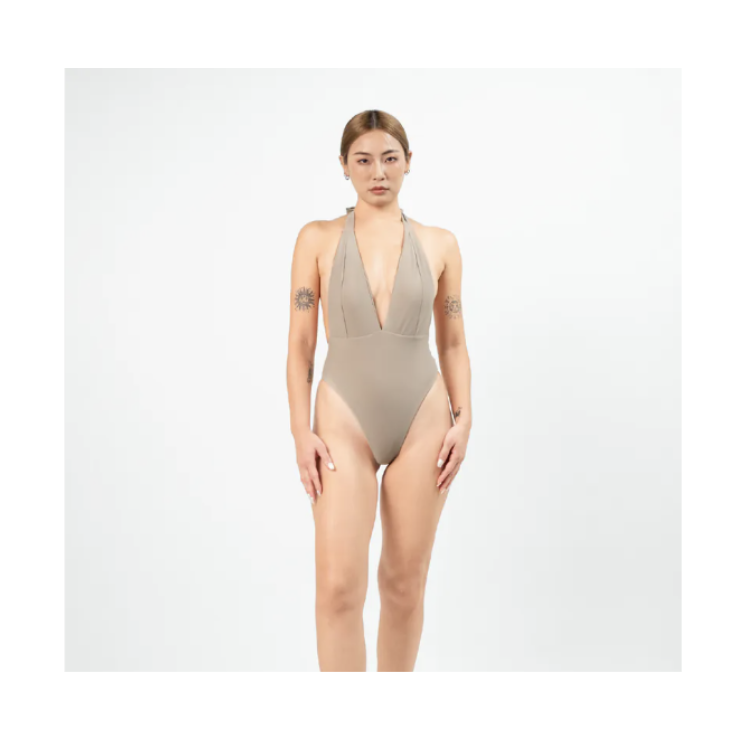 ▲TIMU V Deep 深V綁帶連身泳裝/Chalk Gary白堊灰