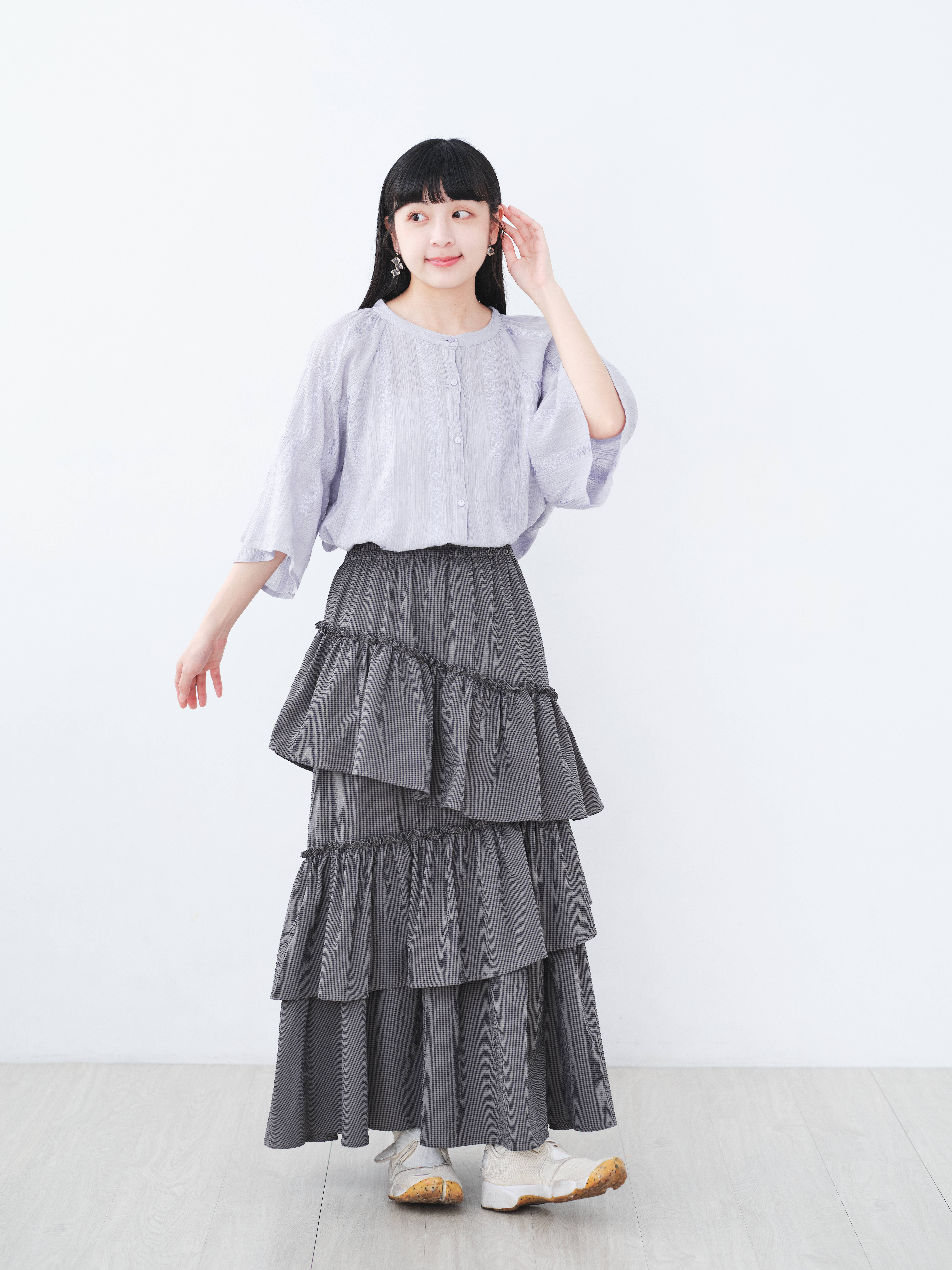 格子寫下心事！不對稱層次裙(兩色-紫黑)